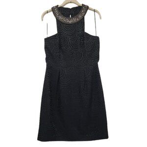 Trina Turk Sheath Mini Dress Size 8 Black Gold Neck Jewels Cocktail  Classy